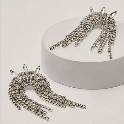 Geometric Tassel Earrings For Women In Silver Alloy With Rhinestones Featuring Electroplated Craft