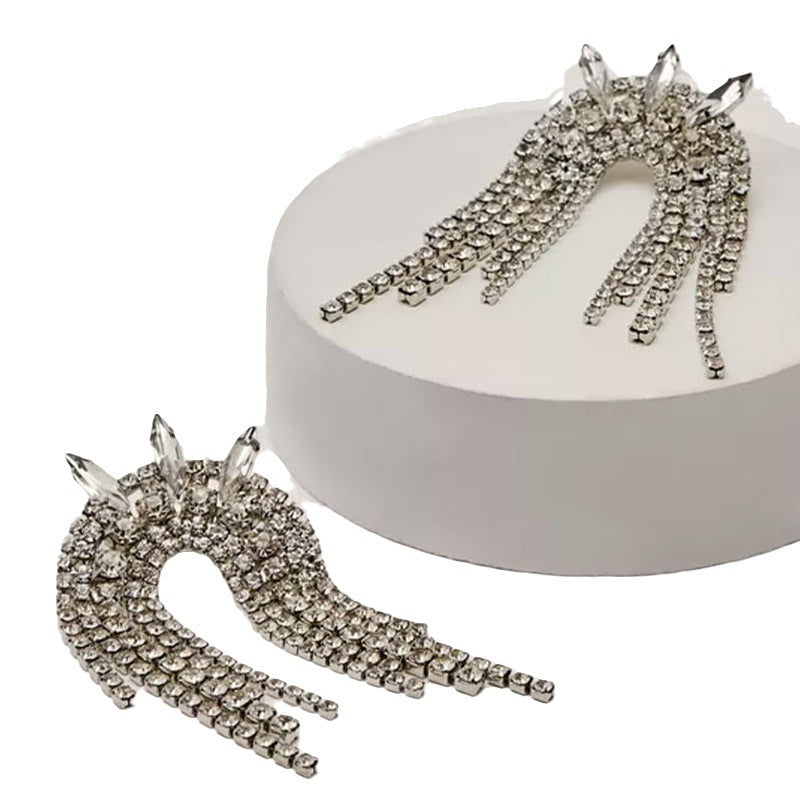 Geometric Tassel Earrings For Women In Silver Alloy With Rhinestones Featuring Electroplated Craft