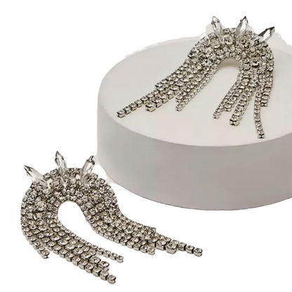 Geometric Tassel Earrings For Women In Silver Alloy With Rhinestones Featuring Electroplated Craft