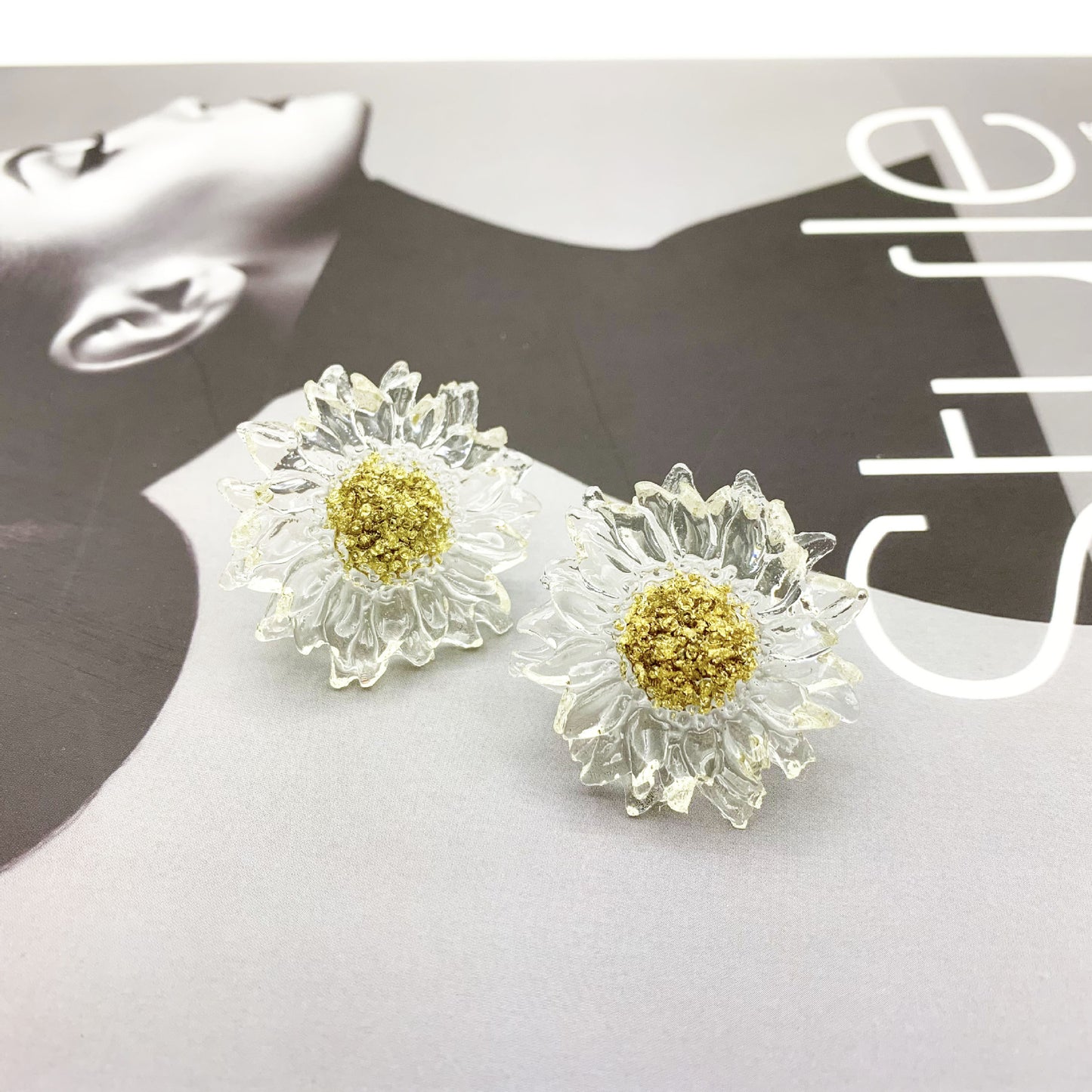 Handmade Daisy Stud Earrings In Transparent Resin With 925 Sterling Silver Posts, Sweet Style
