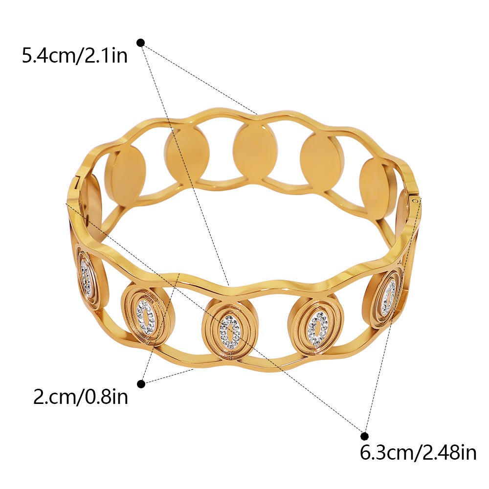 Simple Style Circle Bangle With Inlay Rhinestones, Electroplated Titanium Steel Featuring 18K Real Gold Plated Finish