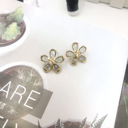 White Flower Earrings For Women With 925 Sterling Silver Posts And Crystal Inlay, Plastic Material Stud Earrings
