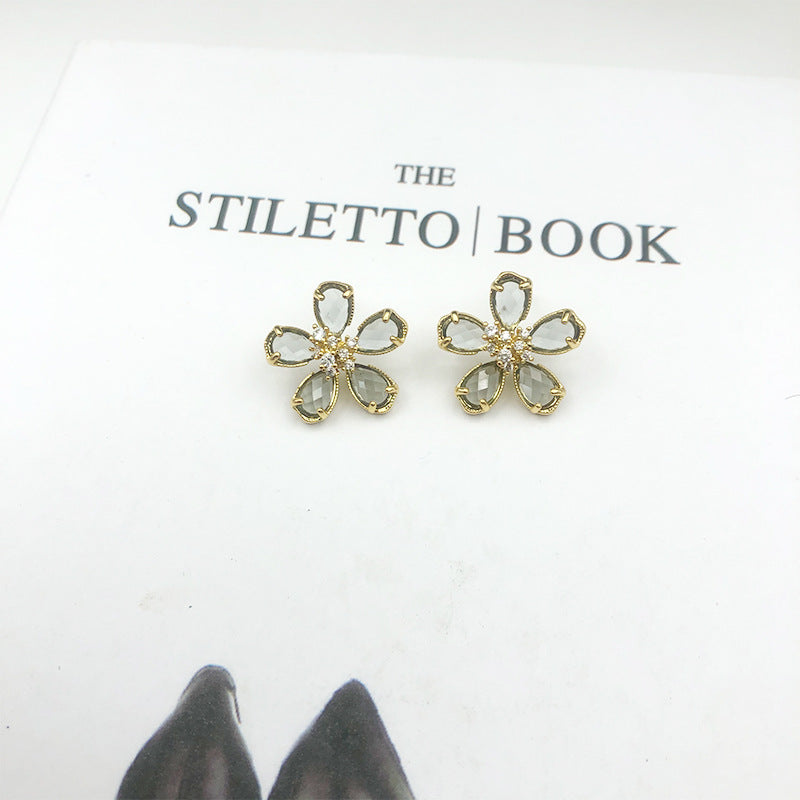 White Flower Earrings For Women With 925 Sterling Silver Posts And Crystal Inlay, Plastic Material Stud Earrings