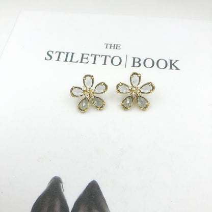 White Flower Earrings For Women With 925 Sterling Silver Posts And Crystal Inlay, Plastic Material Stud Earrings