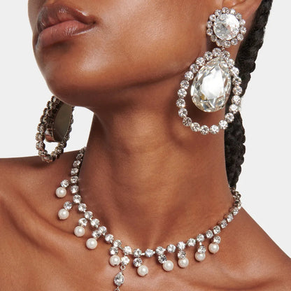 Round Silver Alloy Clip Earrings For Women With Electroplated Finish And Rhinestone Inlay