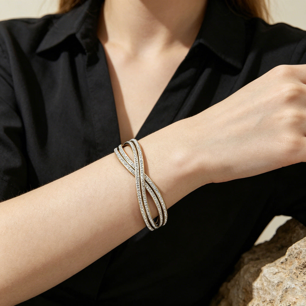 Color Block Bangle For Women In Simple Style, Titanium Steel With Electroplated Gold Plating And Zircon Inlay