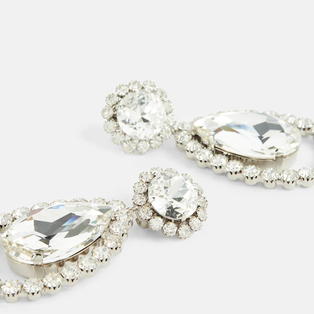 Round Silver Alloy Clip Earrings For Women With Electroplated Finish And Rhinestone Inlay