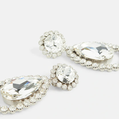 Round Silver Alloy Clip Earrings For Women With Electroplated Finish And Rhinestone Inlay