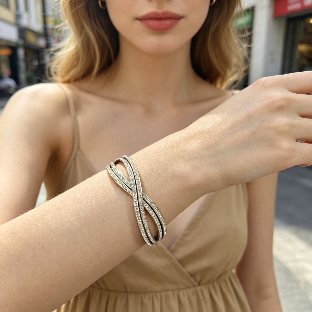 Color Block Bangle For Women In Simple Style, Titanium Steel With Electroplated Gold Plating And Zircon Inlay