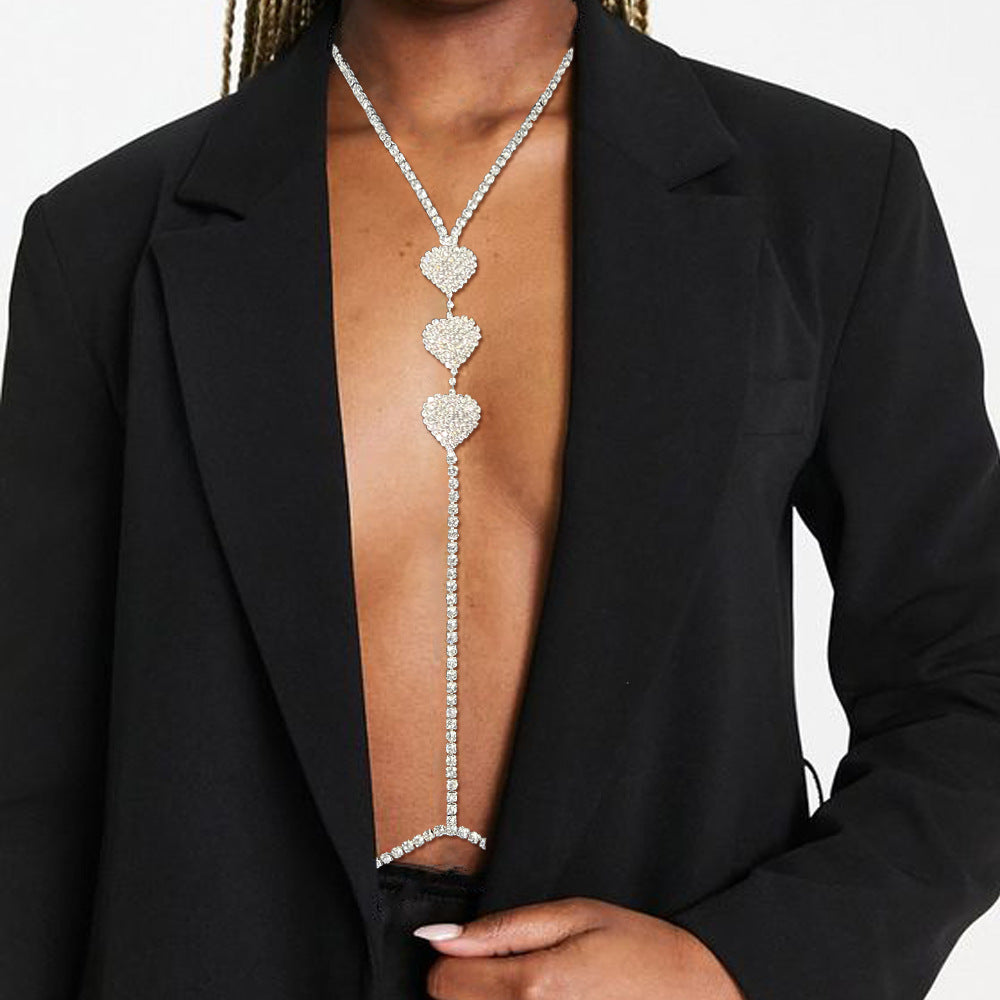 Silver Alloy Body Chain For Women In Simple Style With Heart Shape Pattern And Electroplated Finish, Featuring Rhinestones