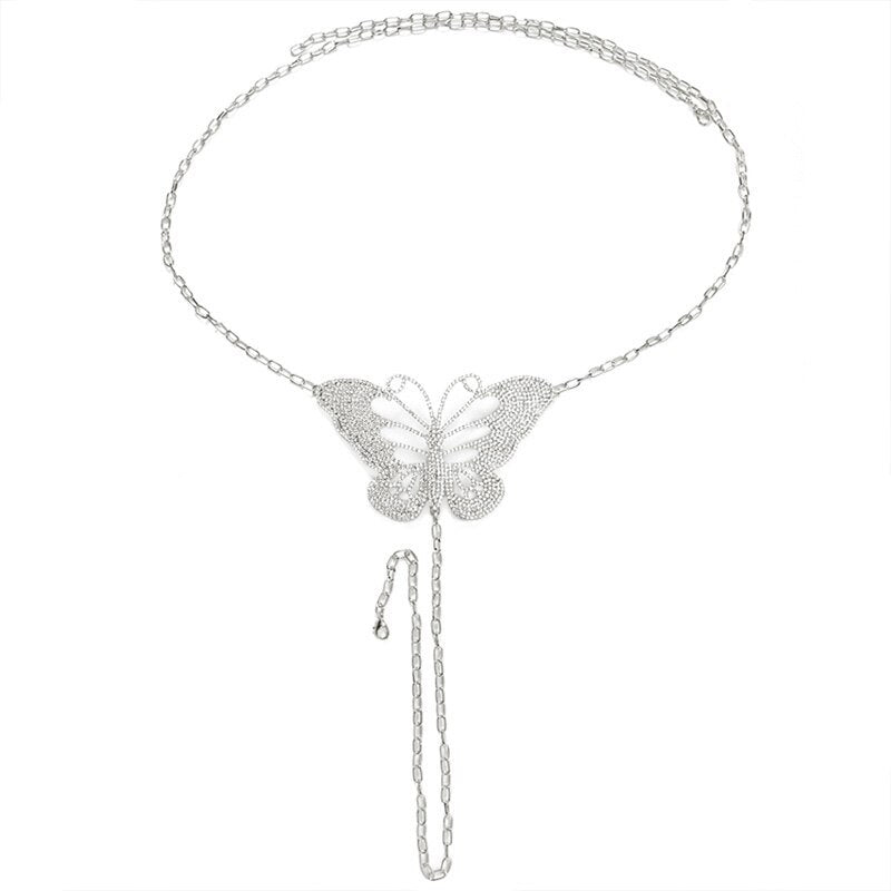 Butterfly Body Chain For Women In Silver Alloy With Electroplated Gold Plating And Rhinestone Inlay
