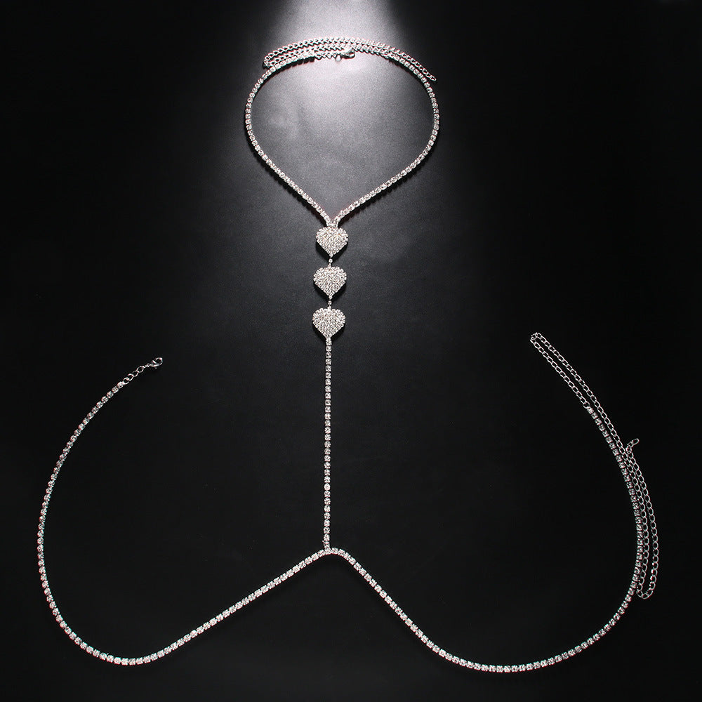 Silver Alloy Body Chain For Women In Simple Style With Heart Shape Pattern And Electroplated Finish, Featuring Rhinestones