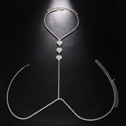 Silver Alloy Body Chain For Women In Simple Style With Heart Shape Pattern And Electroplated Finish, Featuring Rhinestones