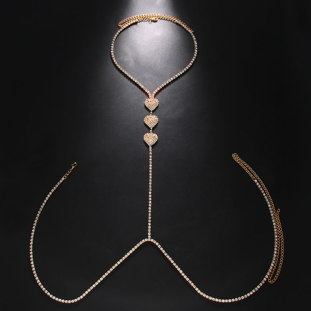 Silver Alloy Body Chain For Women In Simple Style With Heart Shape Pattern And Electroplated Finish, Featuring Rhinestones