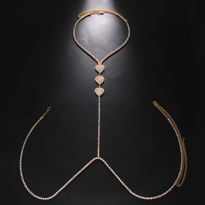 Silver Alloy Body Chain For Women In Simple Style With Heart Shape Pattern And Electroplated Finish, Featuring Rhinestones
