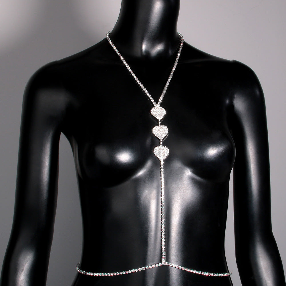 Silver Alloy Body Chain For Women In Simple Style With Heart Shape Pattern And Electroplated Finish, Featuring Rhinestones