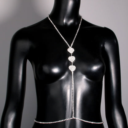 Silver Alloy Body Chain For Women In Simple Style With Heart Shape Pattern And Electroplated Finish, Featuring Rhinestones