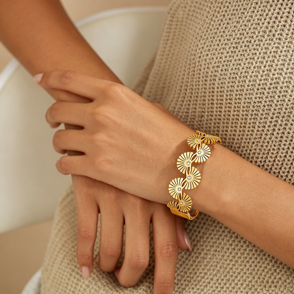 Luxurious Sector Bangle In Titanium Steel With Zircon Inlay, Gold Color, Featuring Water Resistant Design