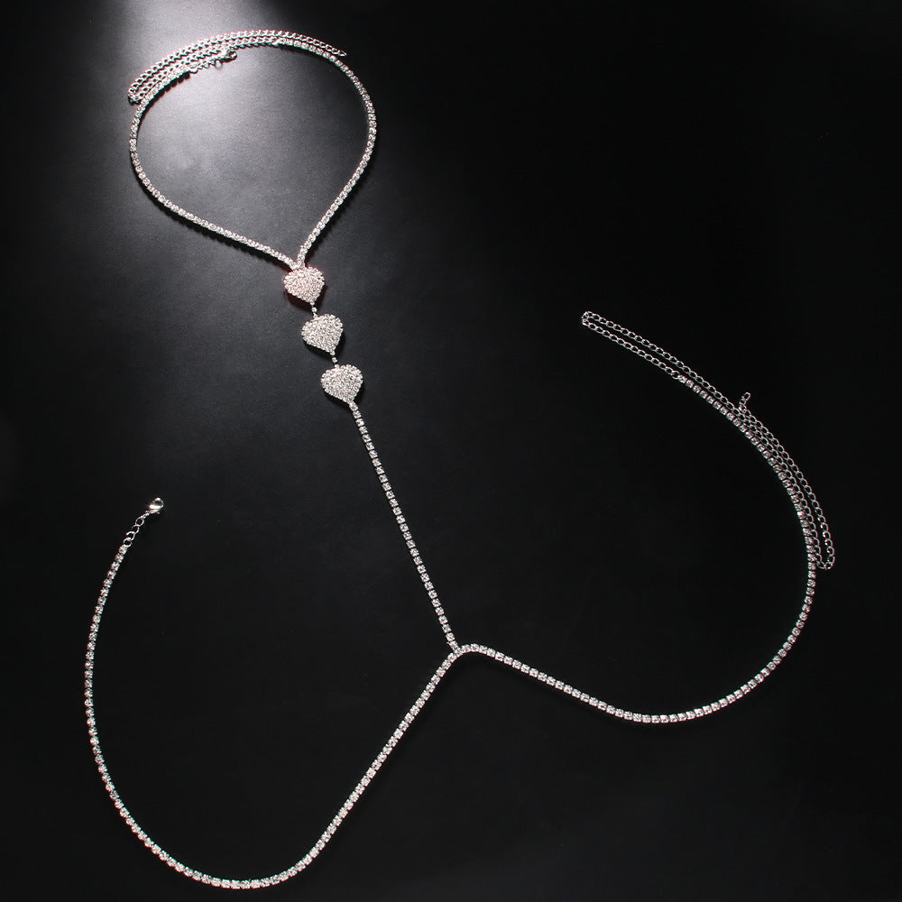 Silver Alloy Body Chain For Women In Simple Style With Heart Shape Pattern And Electroplated Finish, Featuring Rhinestones