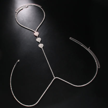 Silver Alloy Body Chain For Women In Simple Style With Heart Shape Pattern And Electroplated Finish, Featuring Rhinestones