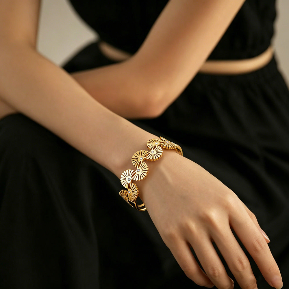 Luxurious Sector Bangle In Titanium Steel With Zircon Inlay, Gold Color, Featuring Water Resistant Design