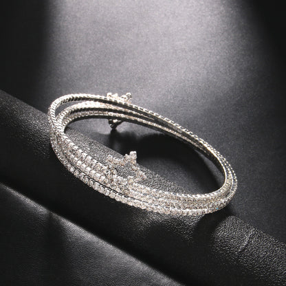 Silver Star Bangle For Women, Electroplated Alloy With Rhinestones Inlay