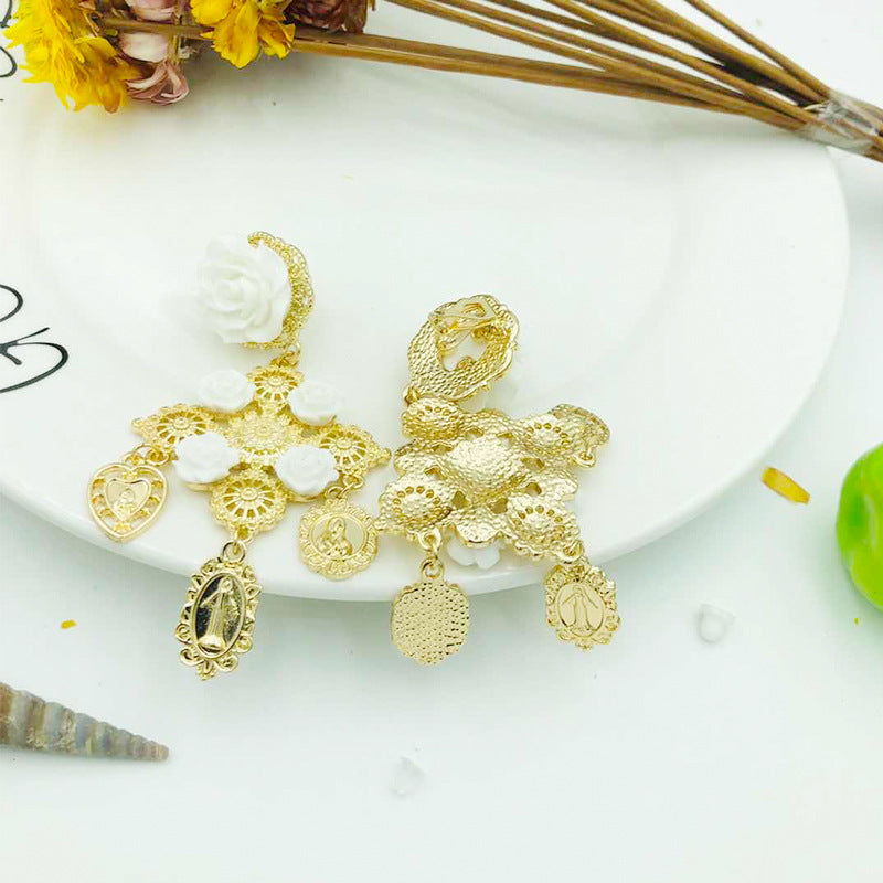 Rose Baroque Style Alloy Earrings For Women With Electroplated Finish And Gem Inlay, Elegant Stud Earrings