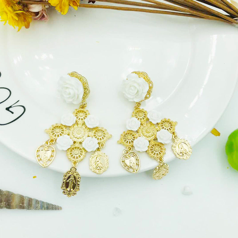 Rose Baroque Style Alloy Earrings For Women With Electroplated Finish And Gem Inlay, Elegant Stud Earrings