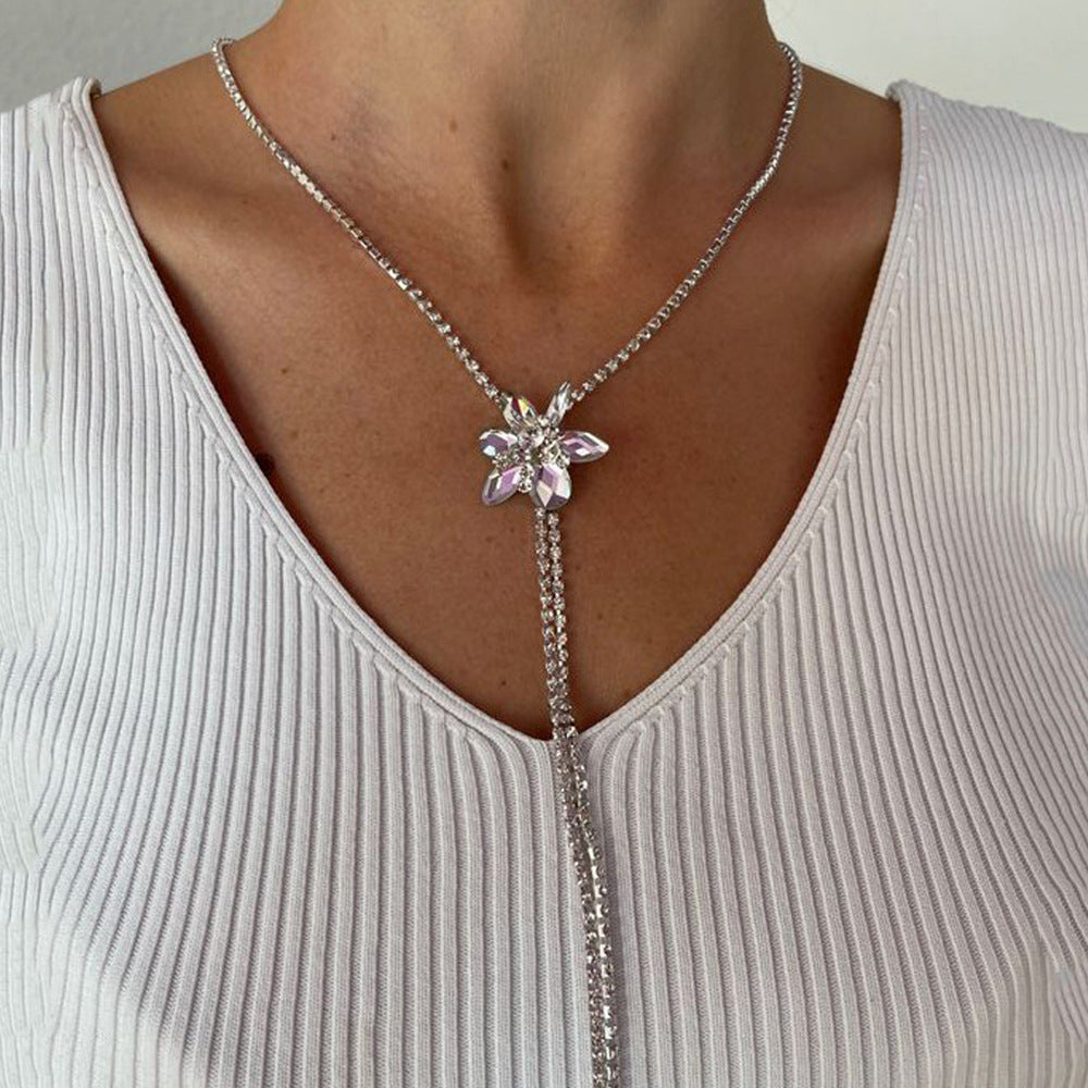 Silver Irregular Long Necklace With Alloy Tassel Pendant And Rhinestone Inlay For Women