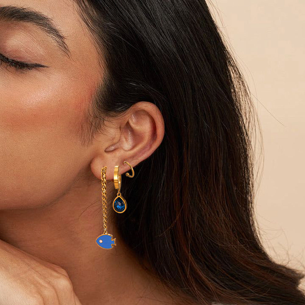 Ocean Marine Style Earrings For Women With Titanium Steel And Zircon Inlay, Featuring 304 Stainless Steel Ear Pins In Steel Color