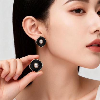 Simple Style Quadrilateral Stud Earrings For Women In Alloy With Electroplated Finish And 925 Sterling Silver Posts