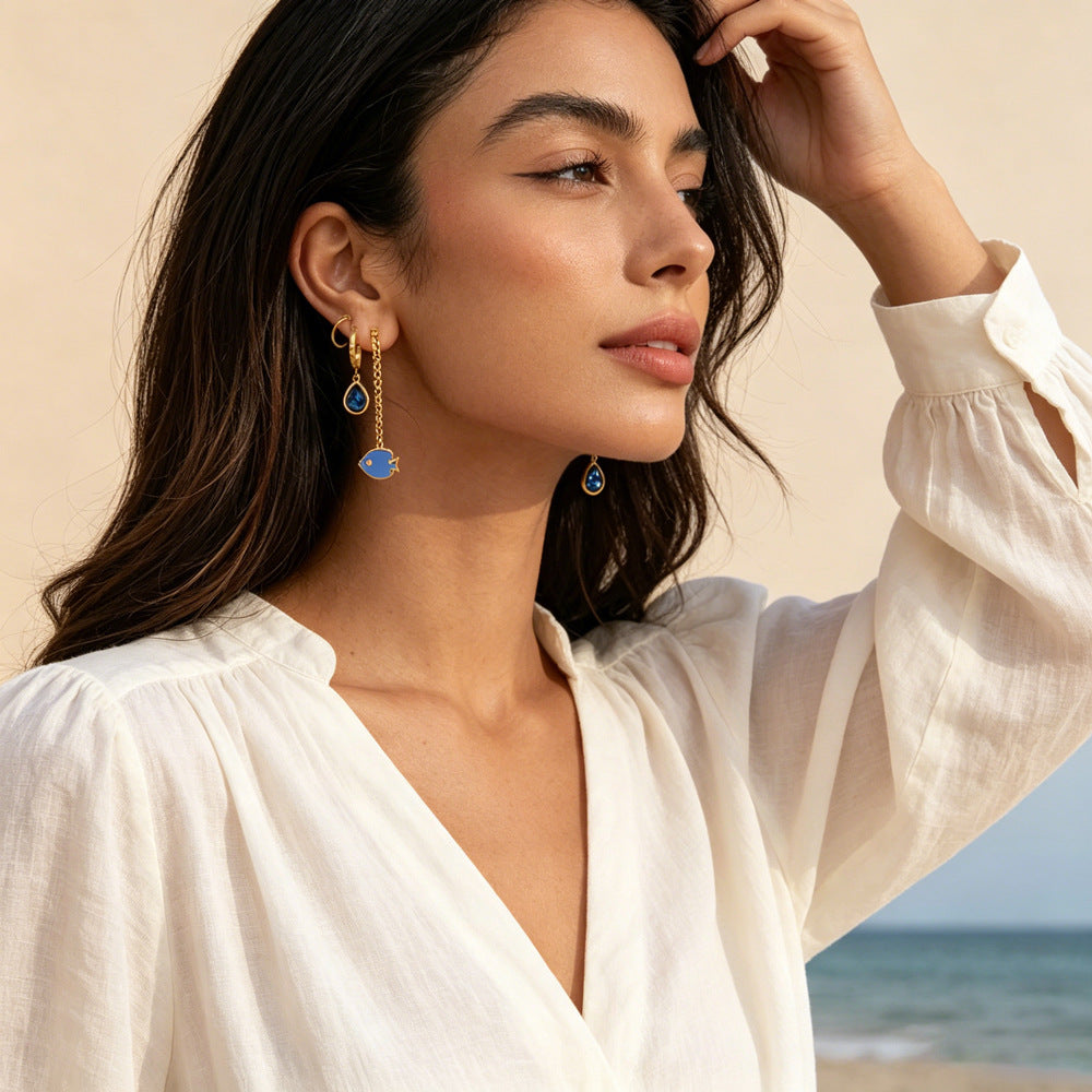Ocean Marine Style Earrings For Women With Titanium Steel And Zircon Inlay, Featuring 304 Stainless Steel Ear Pins In Steel Color