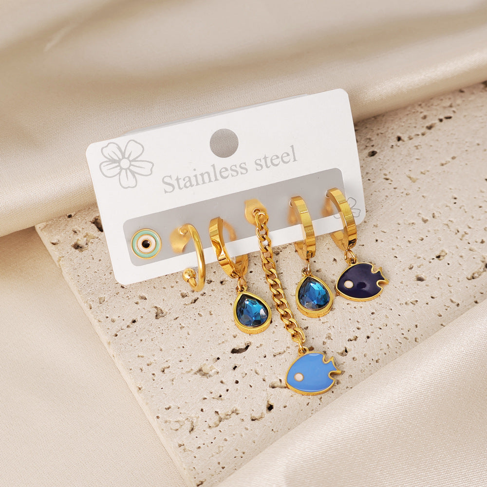 Ocean Marine Style Earrings For Women With Titanium Steel And Zircon Inlay, Featuring 304 Stainless Steel Ear Pins In Steel Color