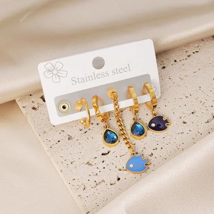 Ocean Marine Style Earrings For Women With Titanium Steel And Zircon Inlay, Featuring 304 Stainless Steel Ear Pins In Steel Color