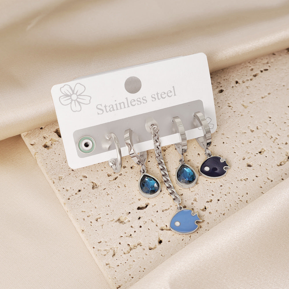 Ocean Marine Style Earrings For Women With Titanium Steel And Zircon Inlay, Featuring 304 Stainless Steel Ear Pins In Steel Color