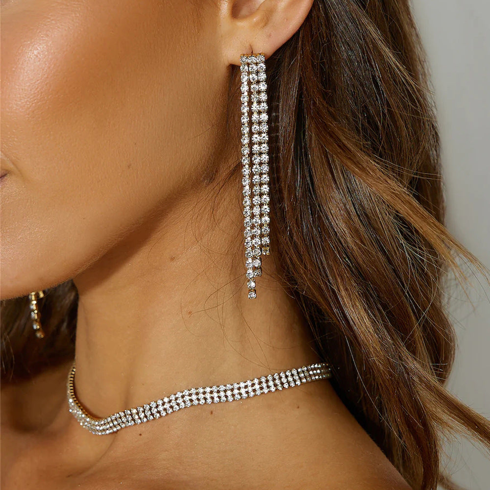 Silver Tassel Jewelry Set For Women Featuring Rhinestones And Alloy Material With Elegant Tassel Craftsmanship