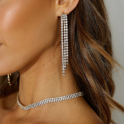 Silver Tassel Jewelry Set For Women Featuring Rhinestones And Alloy Material With Elegant Tassel Craftsmanship