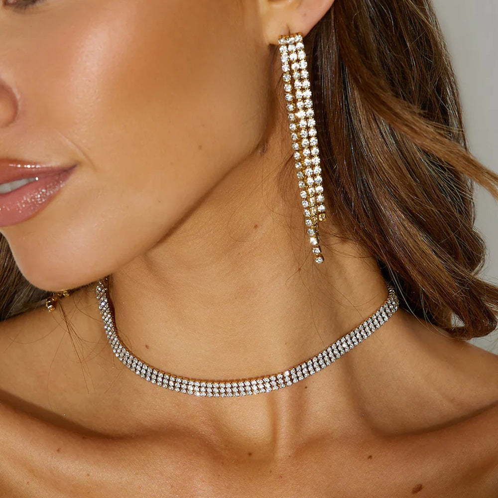 Silver Tassel Jewelry Set For Women Featuring Rhinestones And Alloy Material With Elegant Tassel Craftsmanship
