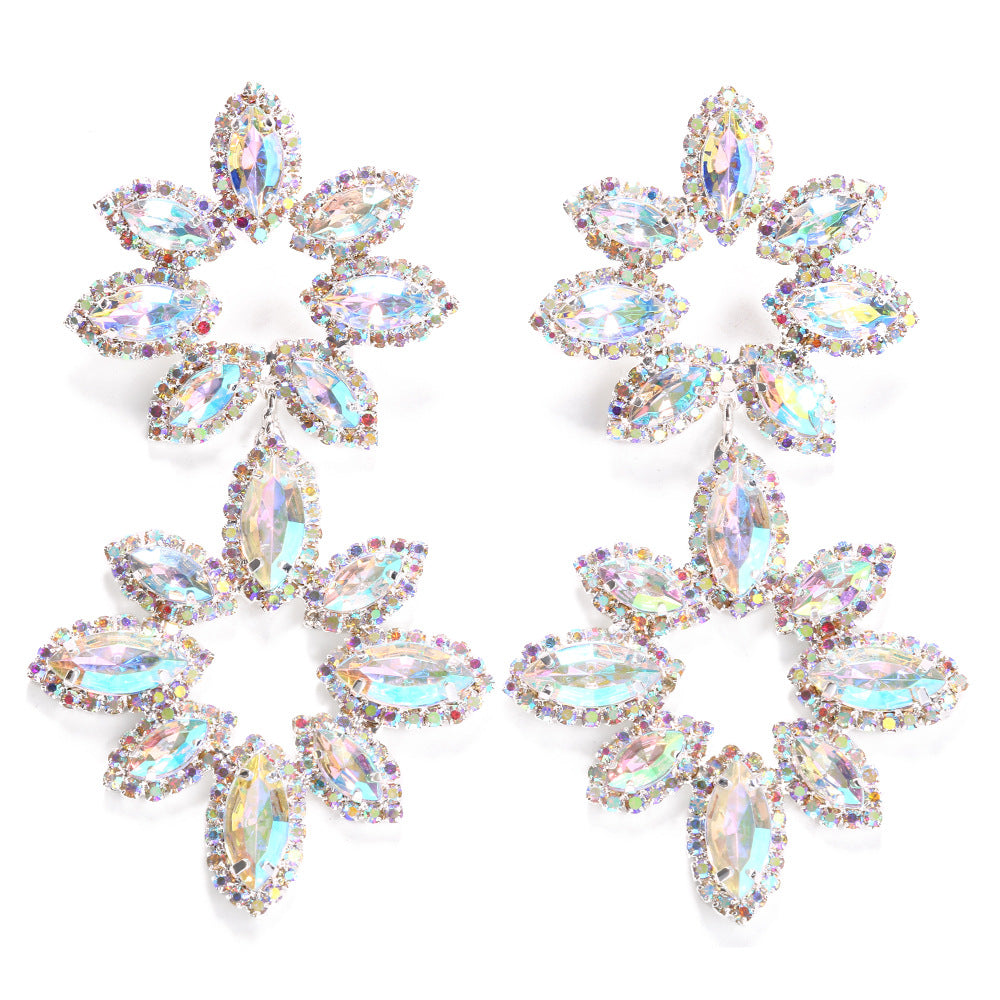 Exaggerated Flowers Stud Earrings For Women, Silver Plated Alloy With Rhinestone Inlay, Electroplated Finish