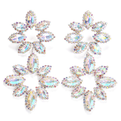Exaggerated Flowers Stud Earrings For Women, Silver Plated Alloy With Rhinestone Inlay, Electroplated Finish