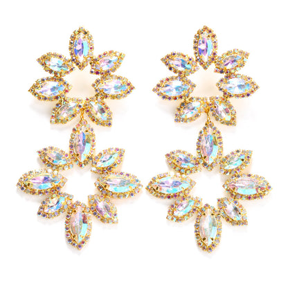 Exaggerated Flowers Stud Earrings For Women, Silver Plated Alloy With Rhinestone Inlay, Electroplated Finish