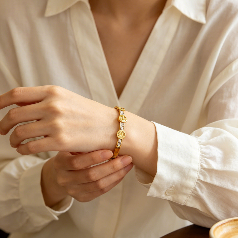 Simple Style Color Block Bangle For Women, Waterproof Non Tarnish 304 Stainless Steel With Electroplated Gold Plating And Zircon Inlay