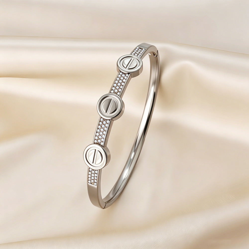 Simple Style Color Block Bangle For Women, Waterproof Non Tarnish 304 Stainless Steel With Electroplated Gold Plating And Zircon Inlay