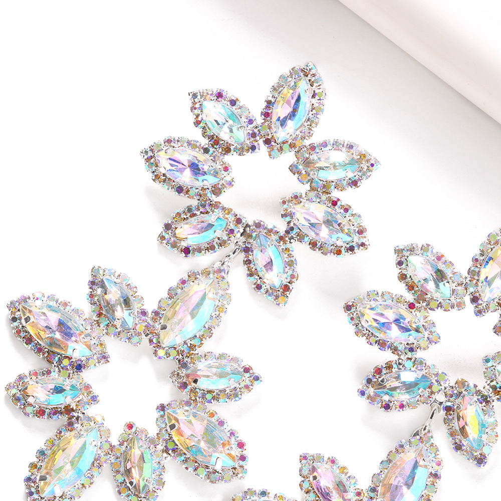 Exaggerated Flowers Stud Earrings For Women, Silver Plated Alloy With Rhinestone Inlay, Electroplated Finish