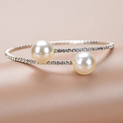 Gold Electroplated Pearl Bracelet For Women With Rhinestone Inlay, Elegant Alloy Jewelry