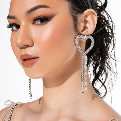 Heart Shape Tassel Earrings For Women In Silver Alloy With Zircon Inlay, Featuring Electroplated Craft