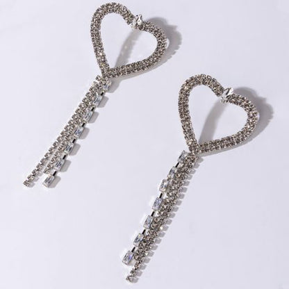 Heart Shape Tassel Earrings For Women In Silver Alloy With Zircon Inlay, Featuring Electroplated Craft