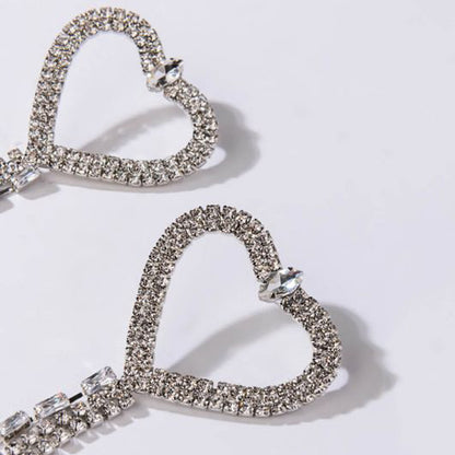 Heart Shape Tassel Earrings For Women In Silver Alloy With Zircon Inlay, Featuring Electroplated Craft
