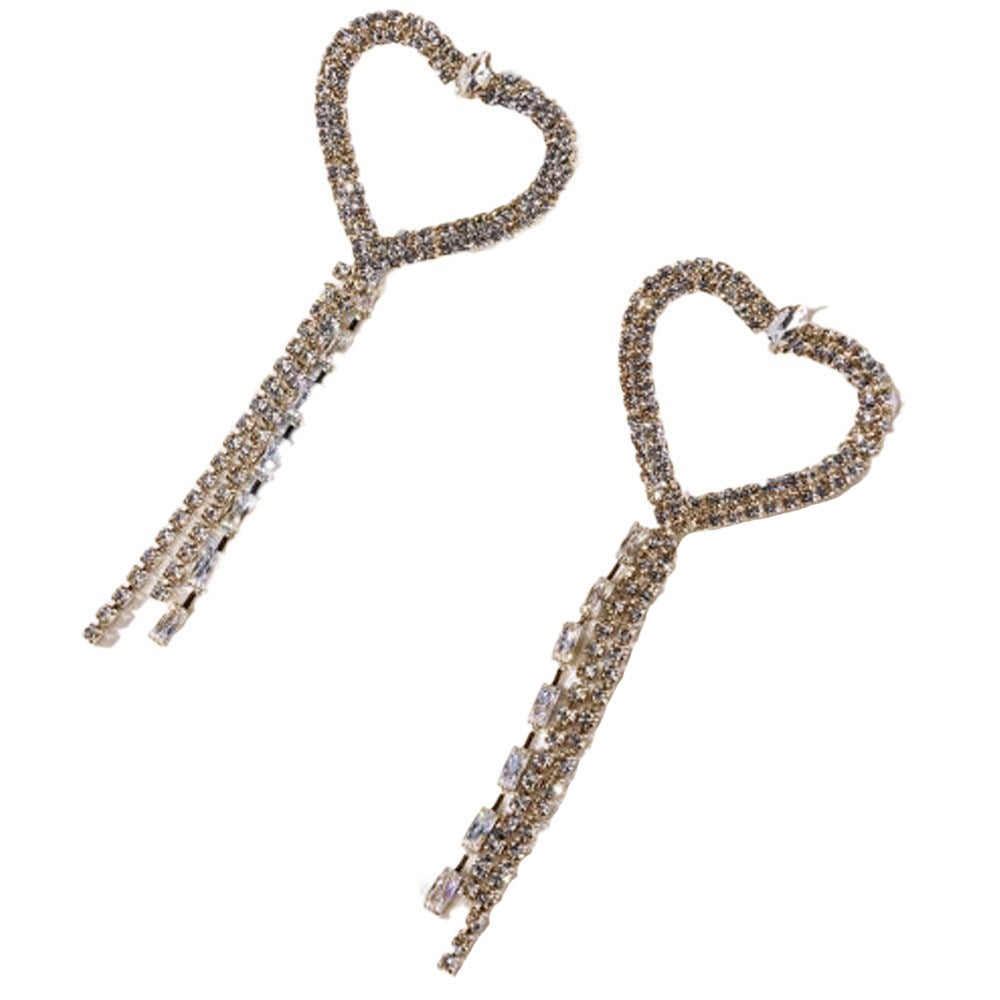 Heart Shape Tassel Earrings For Women In Silver Alloy With Zircon Inlay, Featuring Electroplated Craft