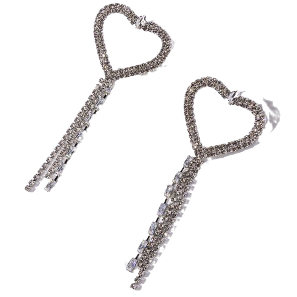 Heart Shape Tassel Earrings For Women In Silver Alloy With Zircon Inlay, Featuring Electroplated Craft